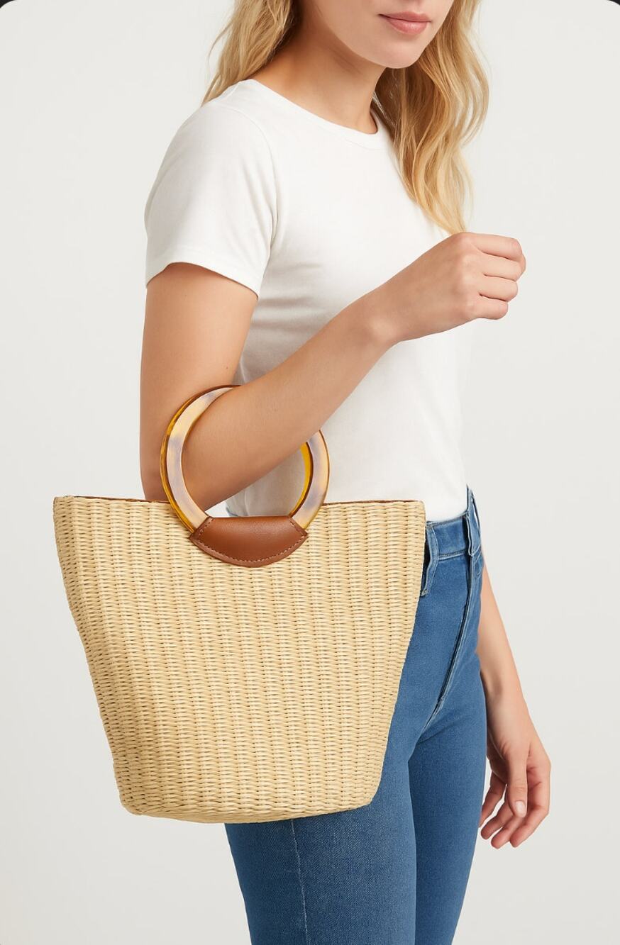 Hobo Sheila Raffia Circle Handle Tote Bag Straw Woven Tortoise Ring Handles - Picture 1 of 7